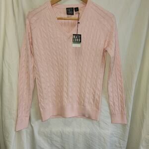 Kate Lord NWT pink Cotton Cashmere Cable knit V-Neck Sweater